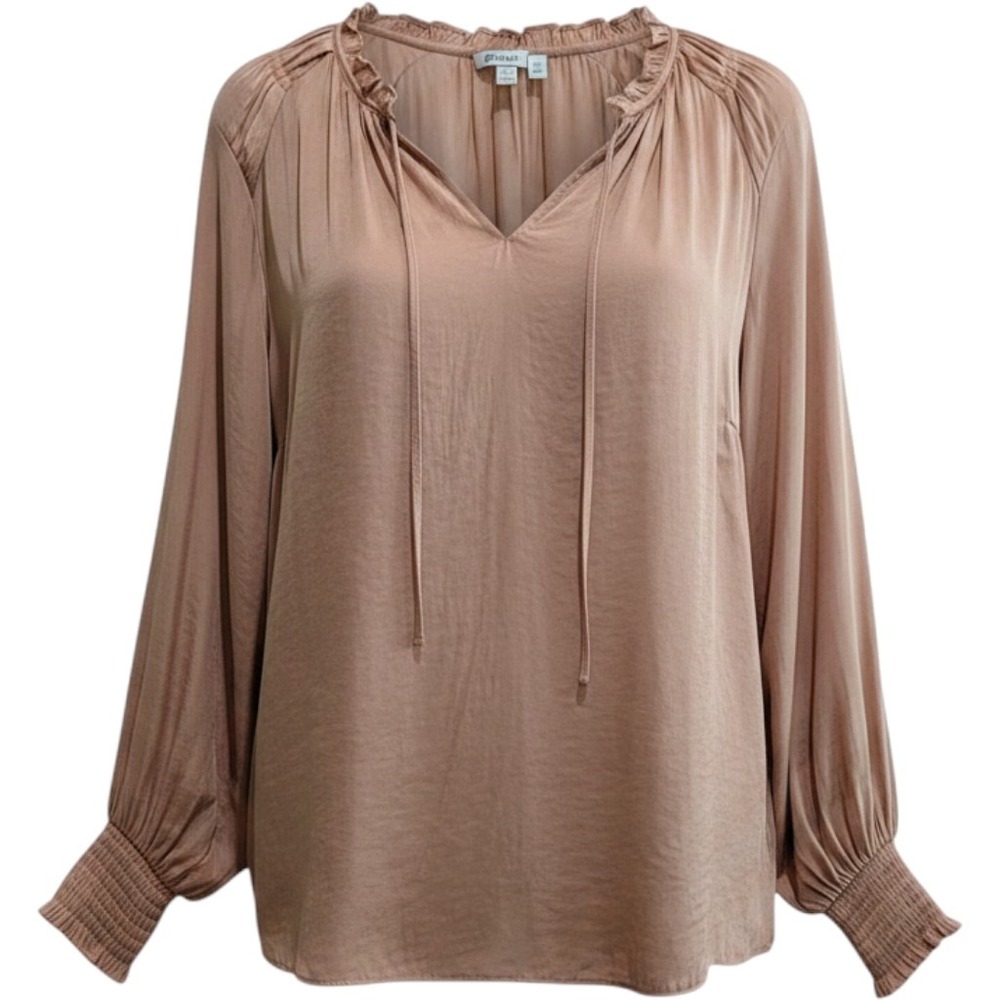 Joie Womens Blouse 2X Dusty Rose Satin Peasant Top Pleated Balloon Sleeve Blush